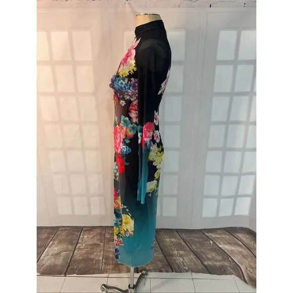 AFRM Black Aqua Rose Nude Floral Mesh Turtleneck Shailene Maxi Dress Size Small - Picture 9 of 13